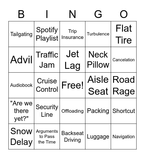 Holiday Travel Bingo Card