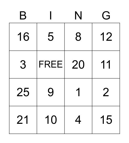 Multiplication Bingo Card