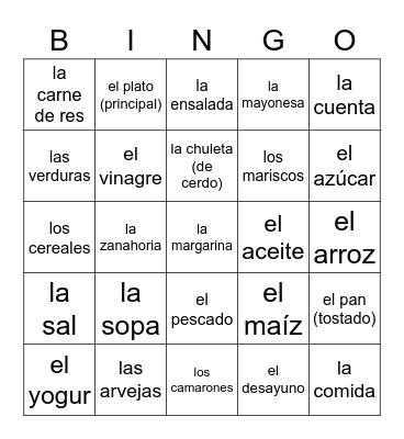 Comida - español 2 Bingo Card
