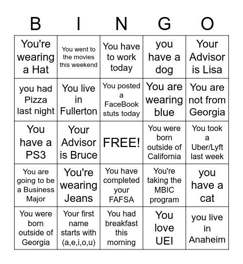 New Student Orientation Bingo Card