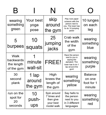AG Fitness Bingo Card