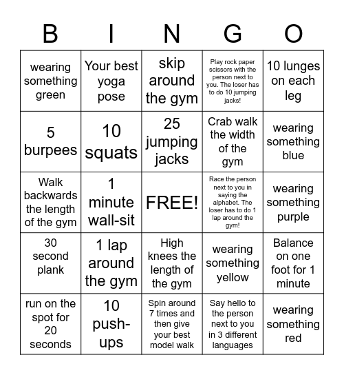 AG Fitness Bingo Card