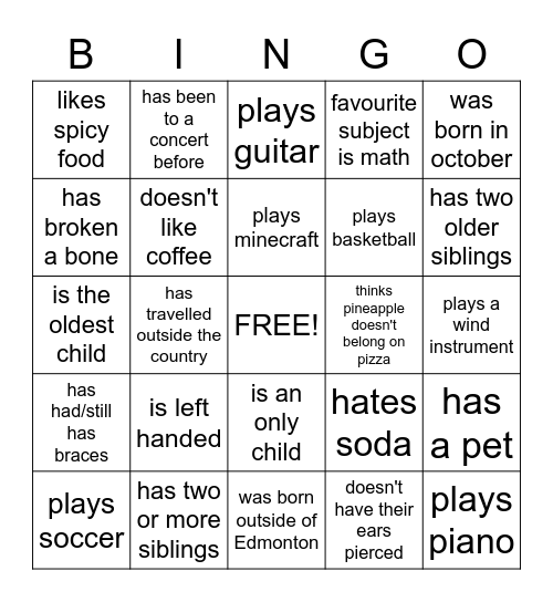 Icebreaker Bingo Card