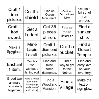 Minecraft NOOB Challenge Bingo Card