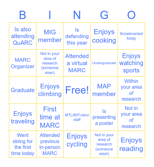 MARC 2023: Networking Bingo Card