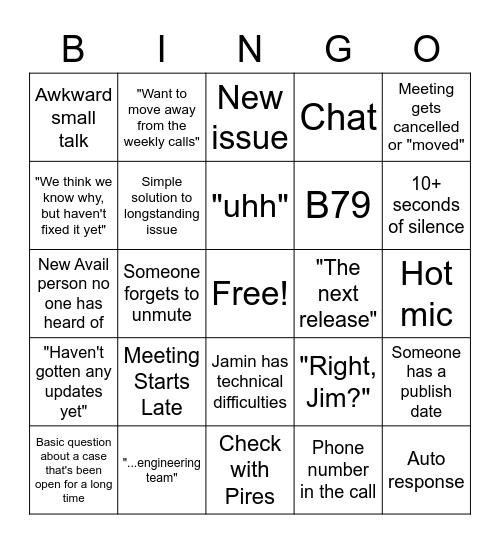 Avail Call Bingo Card