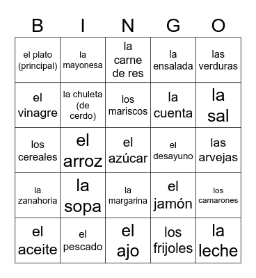 Comida - español 2 Bingo Card