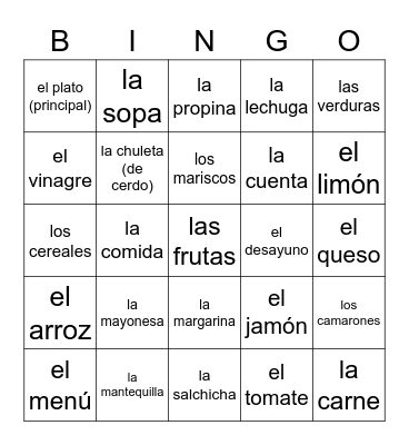 Comida - español 2 Bingo Card