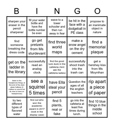 school experinces Bingo Card