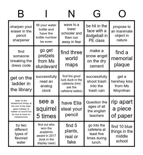 school experinces Bingo Card
