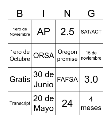 Juntos Bingo Card