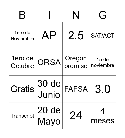 Juntos Bingo Card