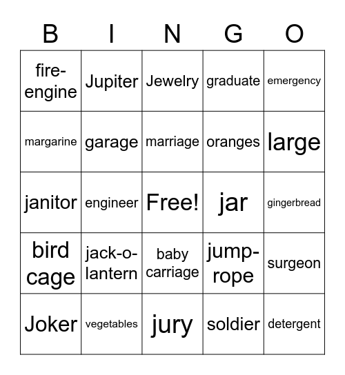 J, R Bingo Card