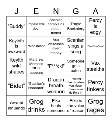 The Legend of Vox Machina Jenga Bingo Card