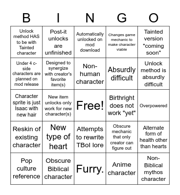 New Character(s) Mod Bingo Card