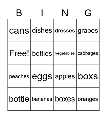 Plural nouns Bingo Card