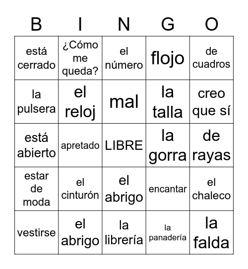 L2 3.1 Vocabulario Bingo Card