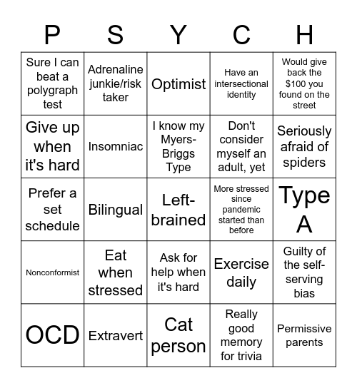 Psych 30, S23 Bingo Card