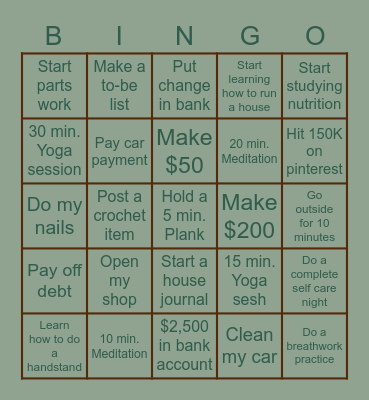 Self Goals Bingo Card
