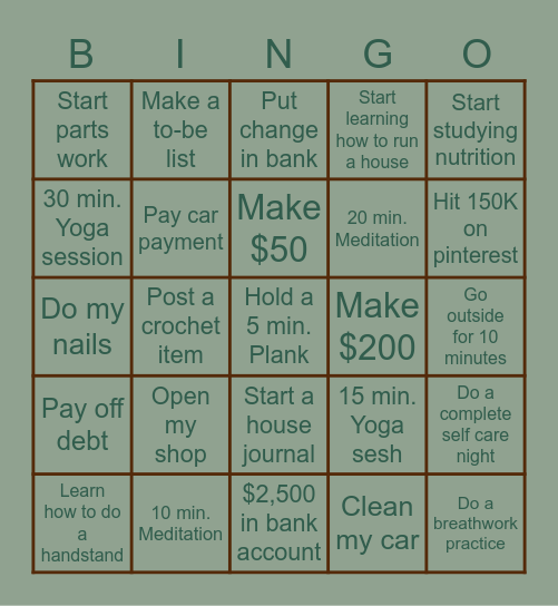 Self Goals Bingo Card