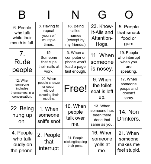 Pet Peeve Bingo Card