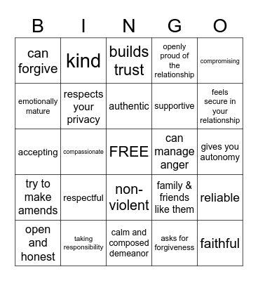 Relationship Green Flag Bingo Card