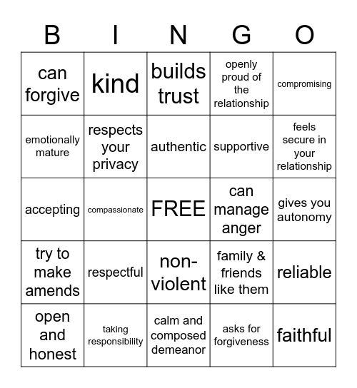 Relationship Green Flag Bingo Card