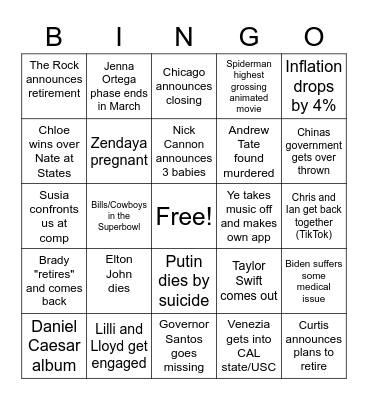 2023 Prediction Bingo Card