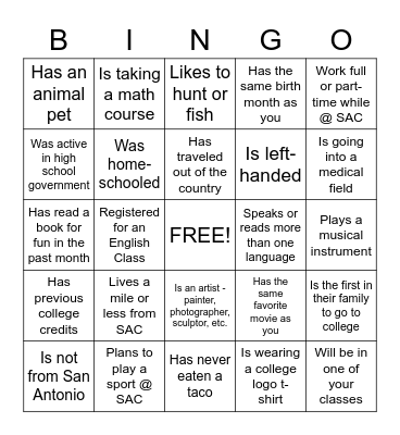 Classmate Bingo Card