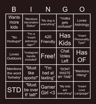 Elevator Tinder Bingo Card