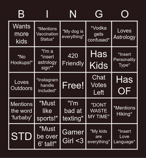 Elevator Tinder Bingo Card