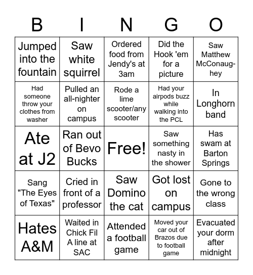 UT Austin BIngo Card