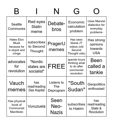 The Leftist Experience Bingo Card