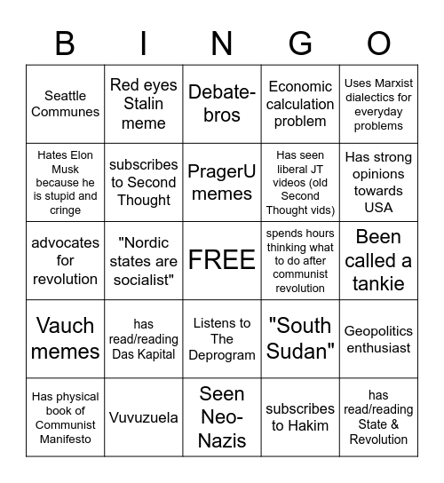 The Leftist Experience Bingo Card