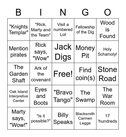 Oak Island Bingo Card