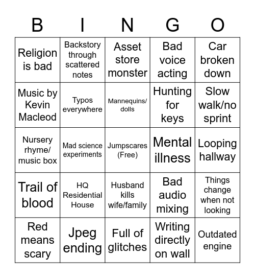 Indie Horror Game Bingo Card