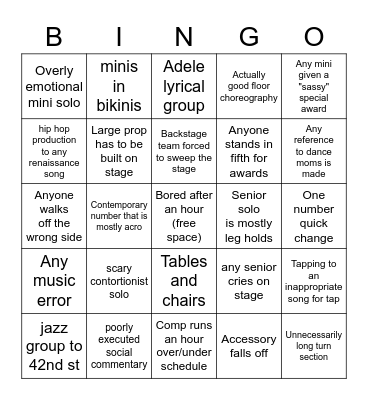 Dance comp bingo Card