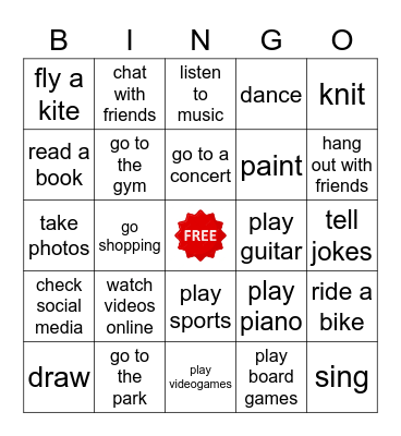free time activities Bingo Card