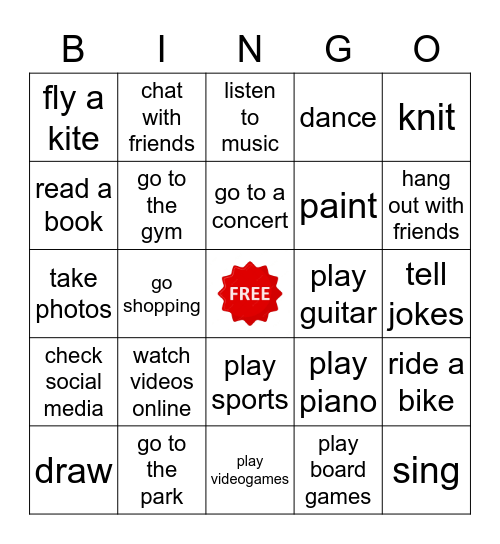 free time activities Bingo Card