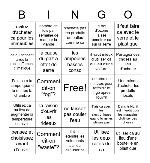 Fr 4 unite 2 L'Environnement - revision Bingo Card