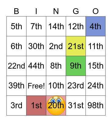 Ordinal Numbers Bingo Card