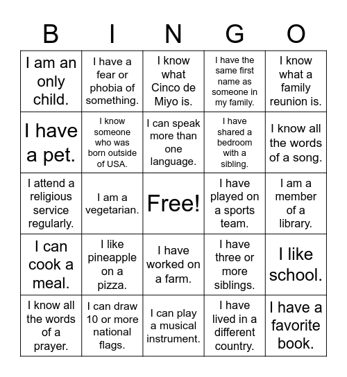 Diversity Bingo Card