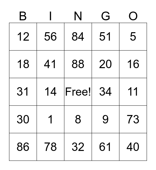 NUMEROS Bingo Card