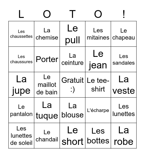 Les vêtements vocabulaire Bingo Card