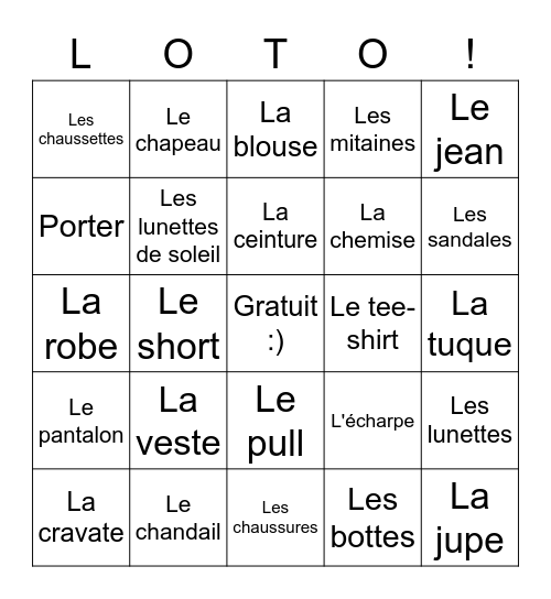 Les vêtements vocabulaire Bingo Card