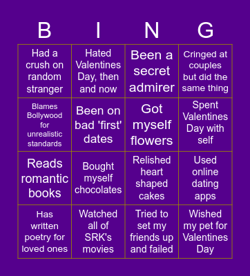 Valentine's Day Bingo Card. Cross on the ones Bingo Card