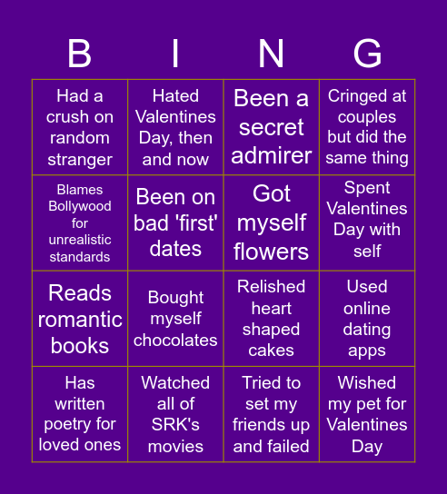 Valentine's Day Bingo Card. Cross on the ones Bingo Card