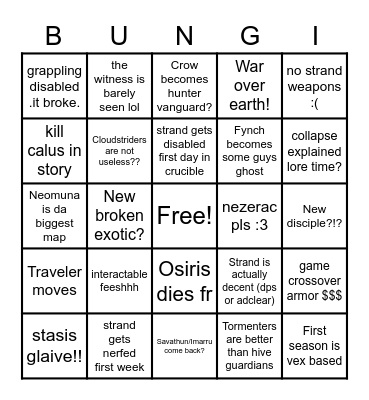 Lightfall bingo! Bingo Card