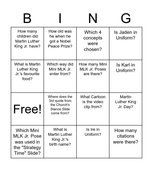 Martin Luther King Jr. BINGO SHEET Bingo Card