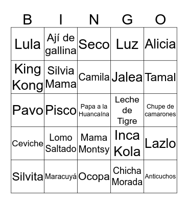 Peruvian Thanksgiving Bingo Card